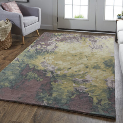 5' X 8' Gold Purple And Green Wool Abstract Tufted Handmade Stain Resistant Area Rug