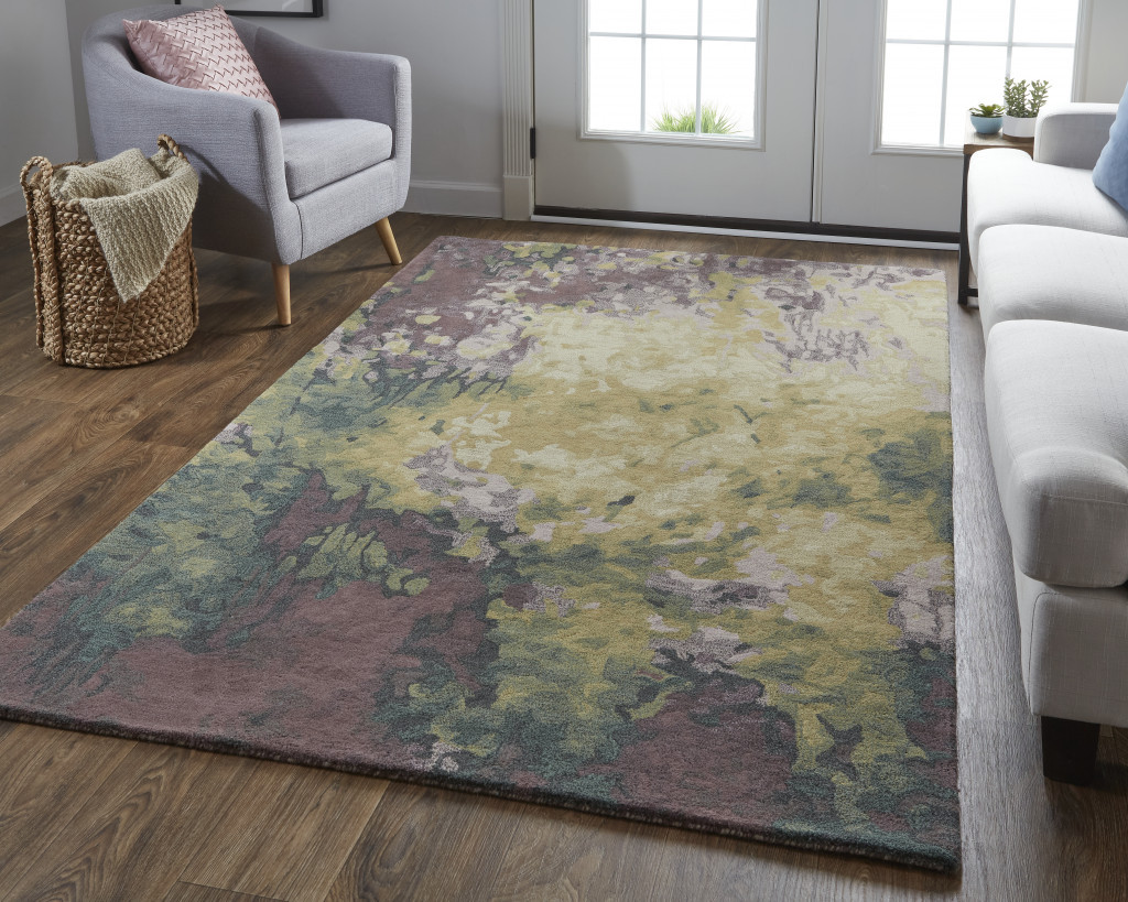 5' X 8' Gold Purple And Green Wool Abstract Tufted Handmade Stain Resistant Area Rug