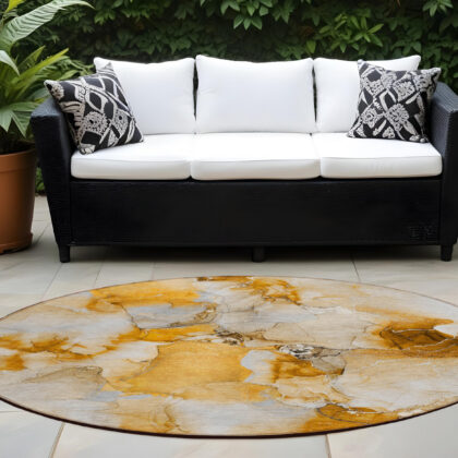8' X 8' Orange and Ivory Round Abstract Washable Indoor Outdoor Area Rug