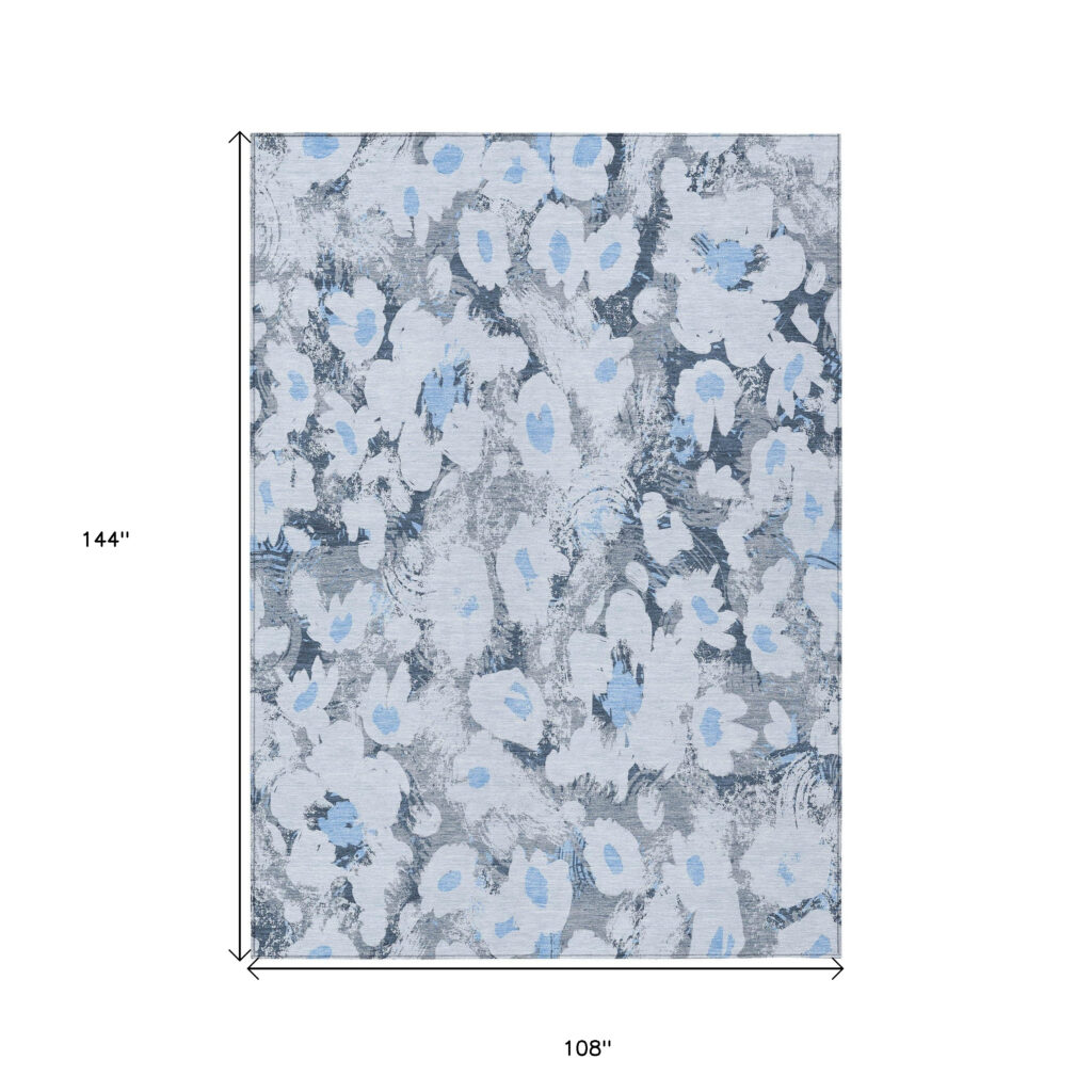 9' X 12' Denim Blue Floral Washable Non Skid Indoor Outdoor Area Rug