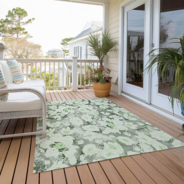 5' X 8' Artichoke Green Floral Washable Non Skid Indoor Outdoor Area Rug