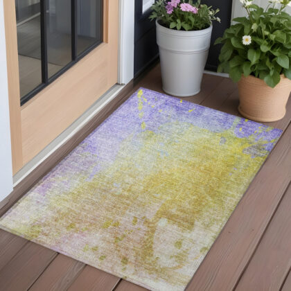 2' X 3' Blue Gold and Wheat Abstract Washable Non Skid Indoor Outdoor Area Rug