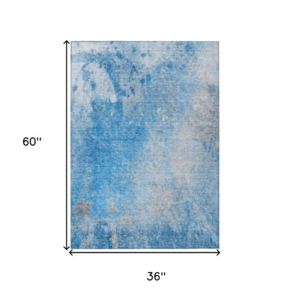 3' X 5' Blue and Gray Abstract Washable Non Skid Indoor Outdoor Area Rug