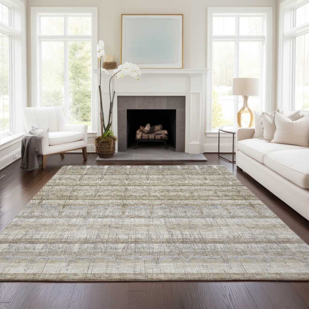 5' X 8' Taupe Gray And Beige Striped Washable Indoor Outdoor Area Rug