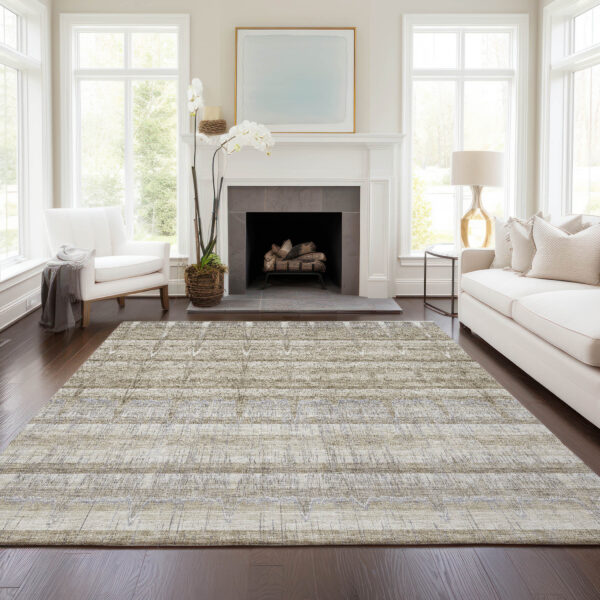 5' X 8' Taupe Gray And Beige Striped Washable Indoor Outdoor Area Rug