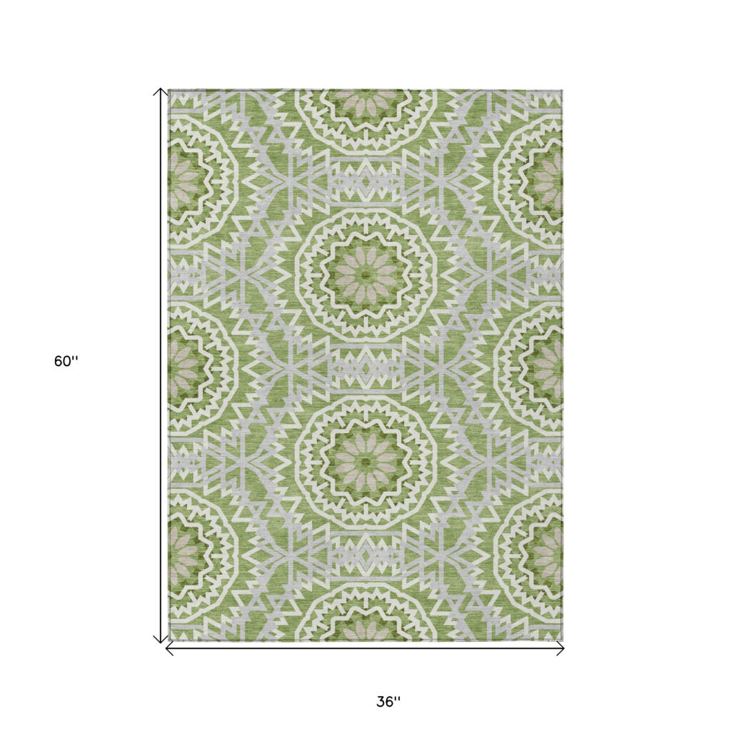 3' X 5' Green Olive Green And Ivory Floral Medallion Washable Indoor Outdoor Area Rug