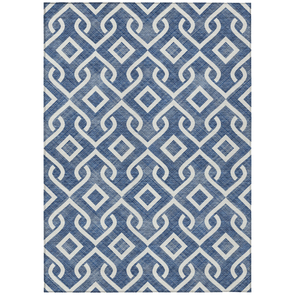 10' X 14' Navy Blue And Ivory Geometric Washable Indoor Outdoor Area Rug