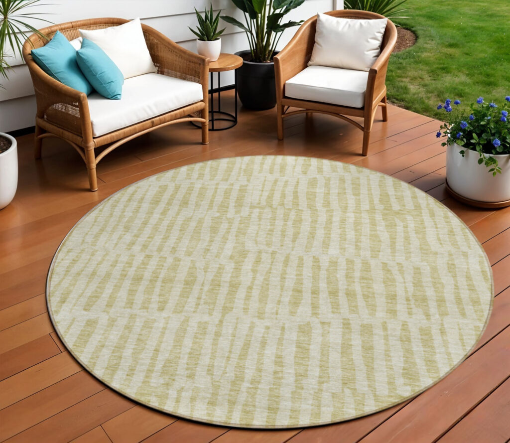 8' Beige And Tan Round Striped Washable Indoor Outdoor Area Rug