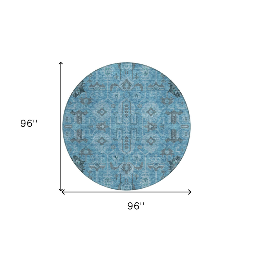 8' Sky Blue And Gray Round Oriental Washable Indoor Outdoor Area Rug