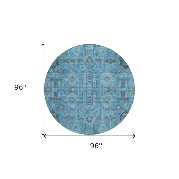 8' Sky Blue And Gray Round Oriental Washable Indoor Outdoor Area Rug