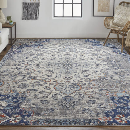 5' X 8' Ivory Gray And Blue Floral Power Loom Distressed Stain Resistant Area Rug