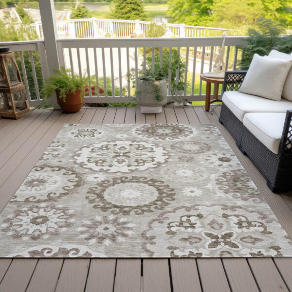 10' X 14' Taupe Beige And Brown Floral Medallion Washable Indoor Outdoor Area Rug