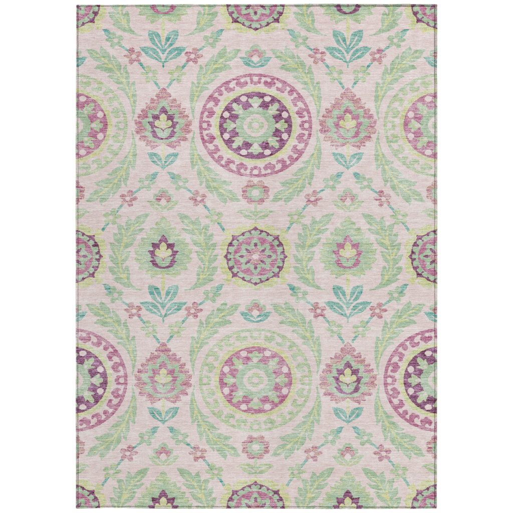 9' X 12' Pink Mauve And Mint Green Floral Washable Indoor Outdoor Area Rug