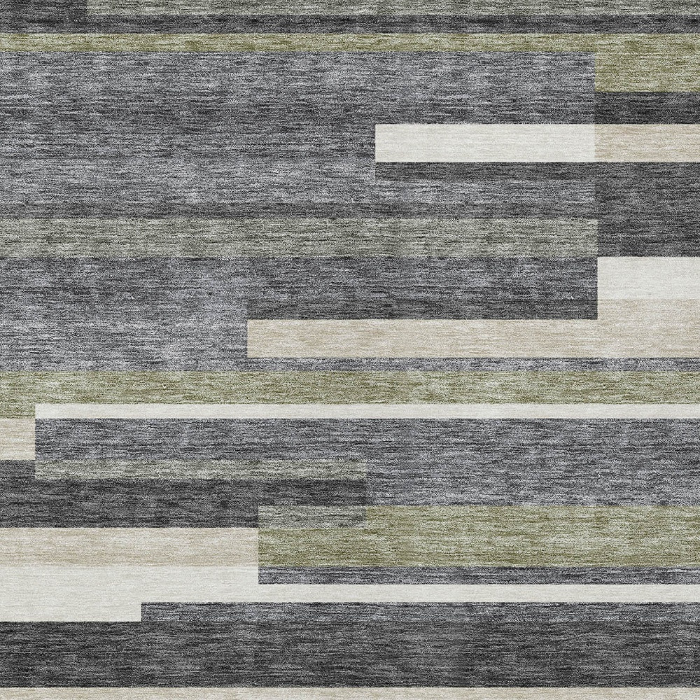 10' X 14' Charcoal Gray And Silver Striped Washable Indoor Outdoor Area Rug