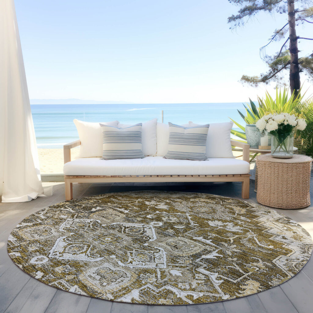8' Brown Beige And Taupe Round Oriental Washable Indoor Outdoor Area Rug