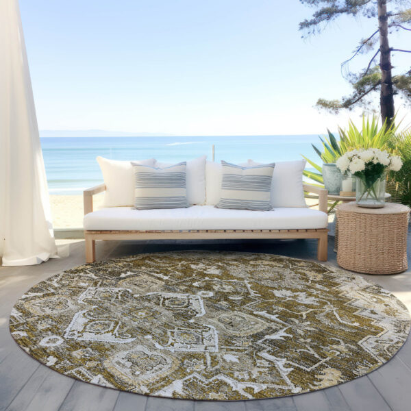 8' Brown Beige And Taupe Round Oriental Washable Indoor Outdoor Area Rug