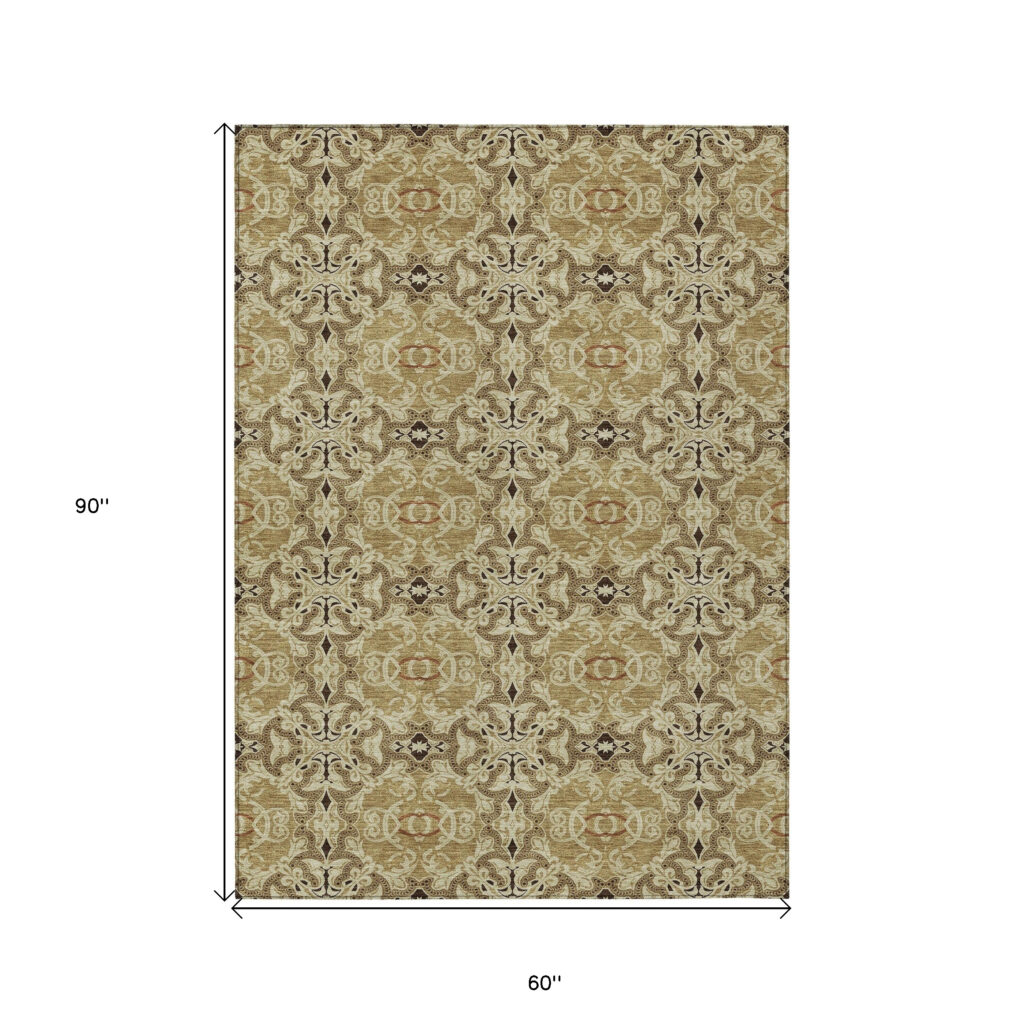 5' X 8' Brown Beige And Tan Medallion Washable Indoor Outdoor Area Rug