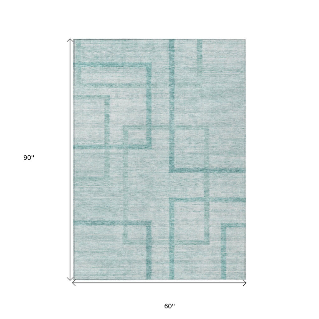 5' X 8' Teal Blue And Aqua Geometric Washable Indoor Outdoor Area Rug