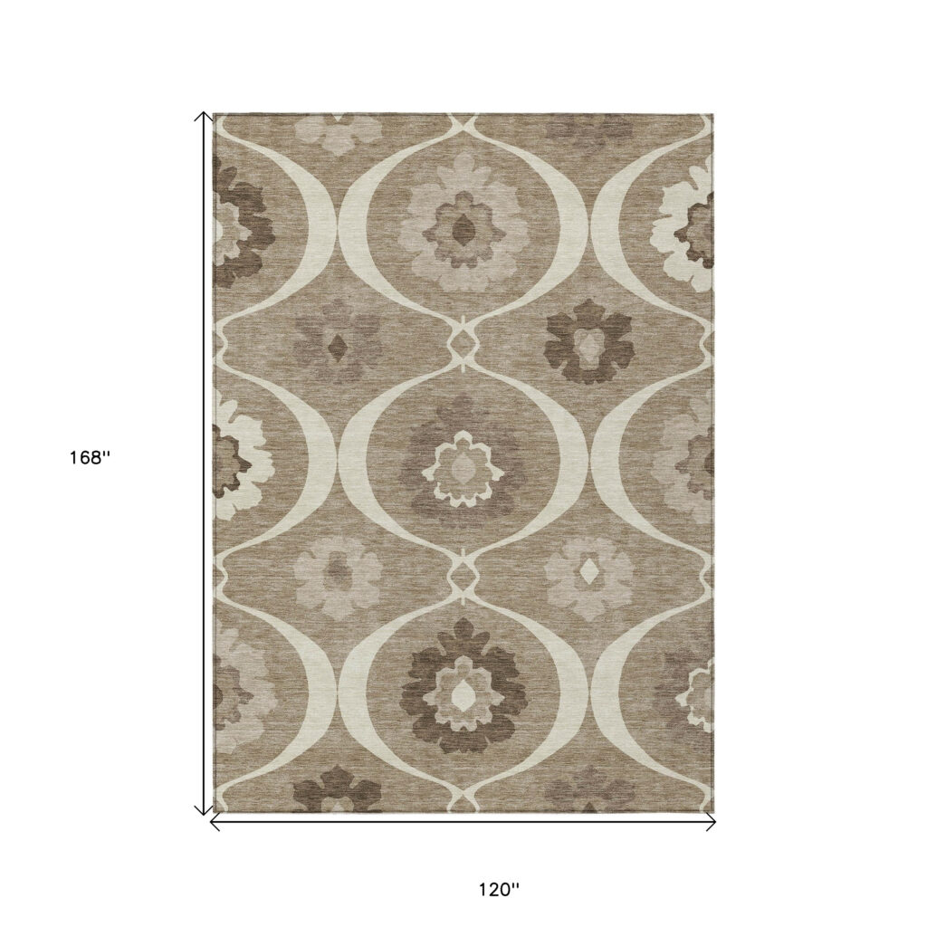 10' X 14' Taupe Brown And Ivory Medallion Washable Indoor Outdoor Area Rug