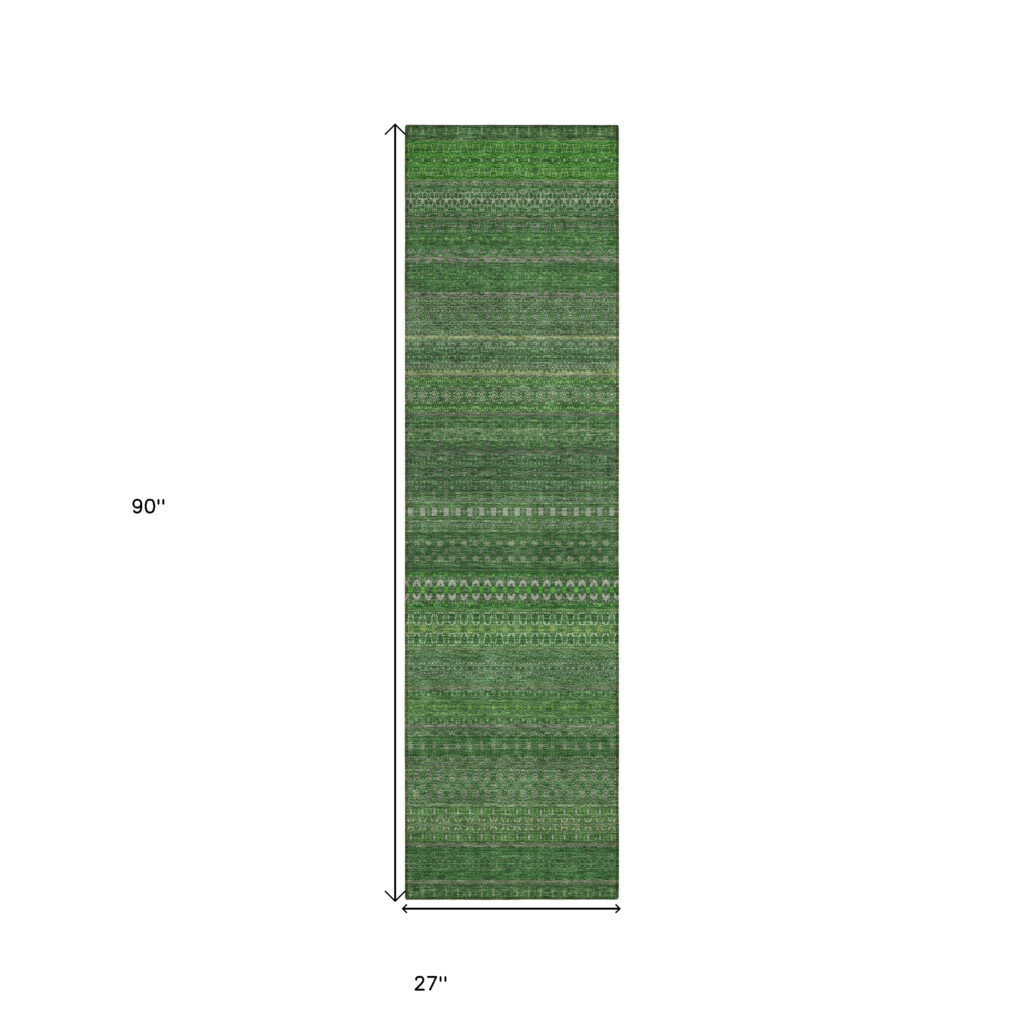 2' X 8' Fern Green Striped Washable Indoor Outdoor Runner Rug