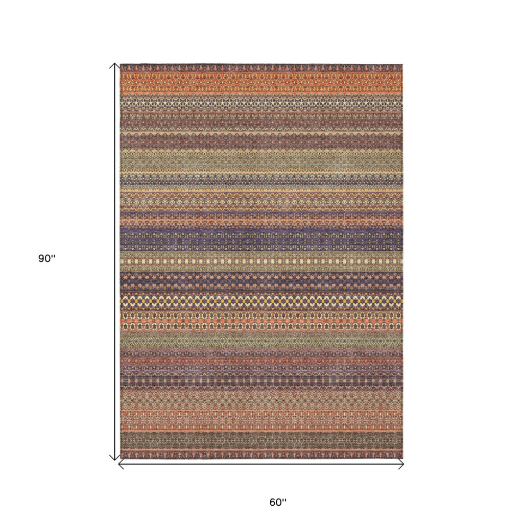 5' X 8' Orange Striped Washable Non Skid Indoor Outdoor Area Rug
