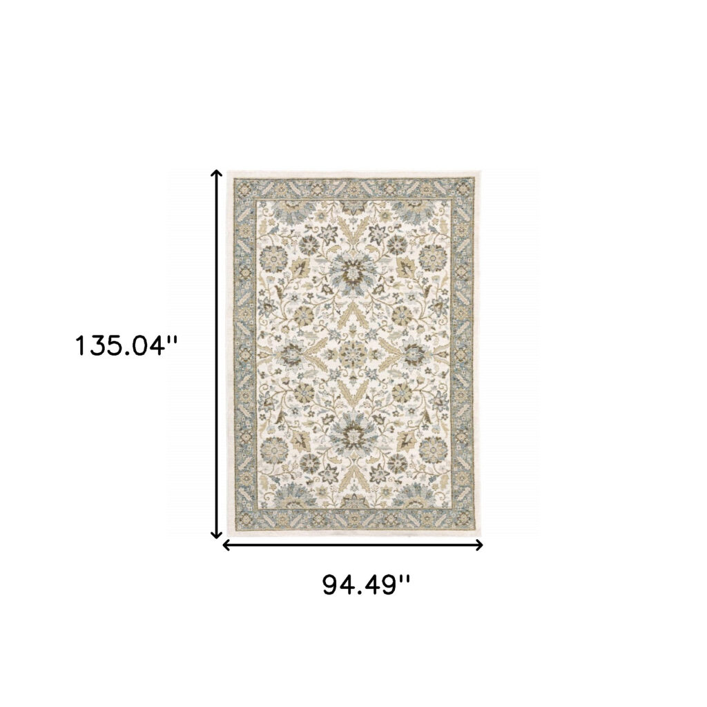 8' X 10' Stone Grey Ivory Green Brown Teal And Light Blue Oriental Power Loom Stain Resistant Area Rug