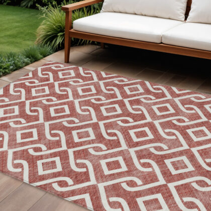 9' X 12' Burgundy And Ivory Geometric Washable Indoor Outdoor Area Rug