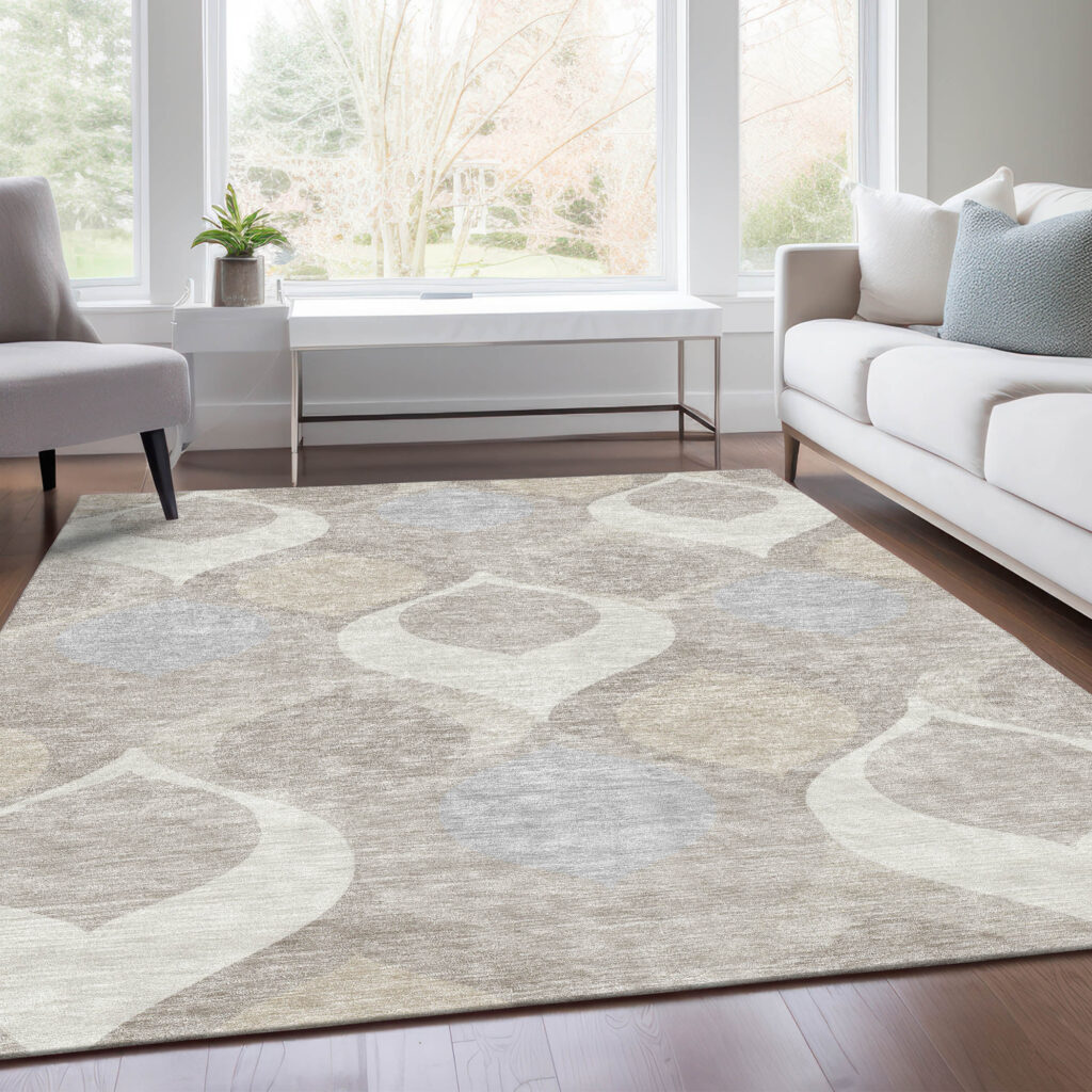 10' X 14' Ivory Beige And Tan Ogee Washable Indoor Outdoor Area Rug