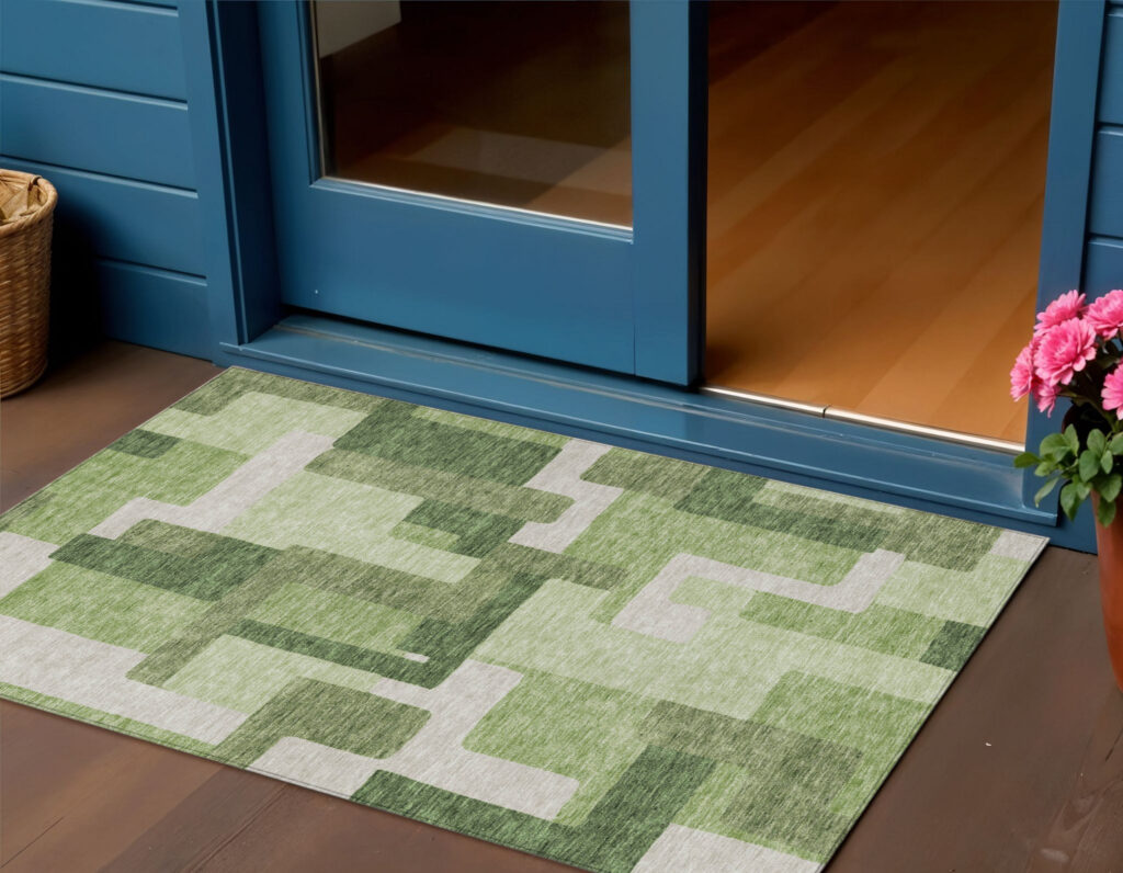 3' X 5' Artichoke Green And Ivory Abstract Washable Indoor Outdoor Area Rug