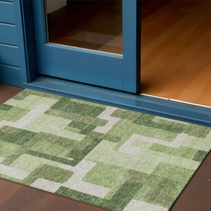 3' X 5' Artichoke Green And Ivory Abstract Washable Indoor Outdoor Area Rug