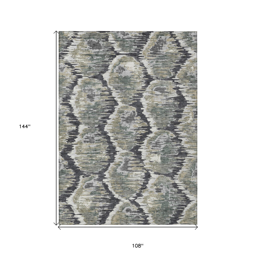 9' X 12' Charcoal Gray And Silver Abstract Washable Indoor Outdoor Area Rug