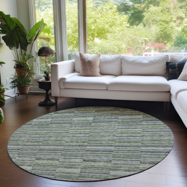 8' Olive Green And Gray Round Striped Washable Indoor Outdoor Area Rug