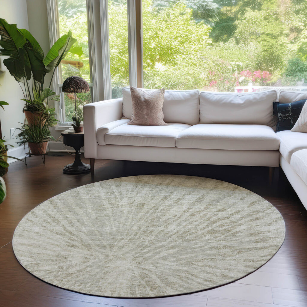 8' Taupe And Beige Round Abstract Washable Indoor Outdoor Area Rug