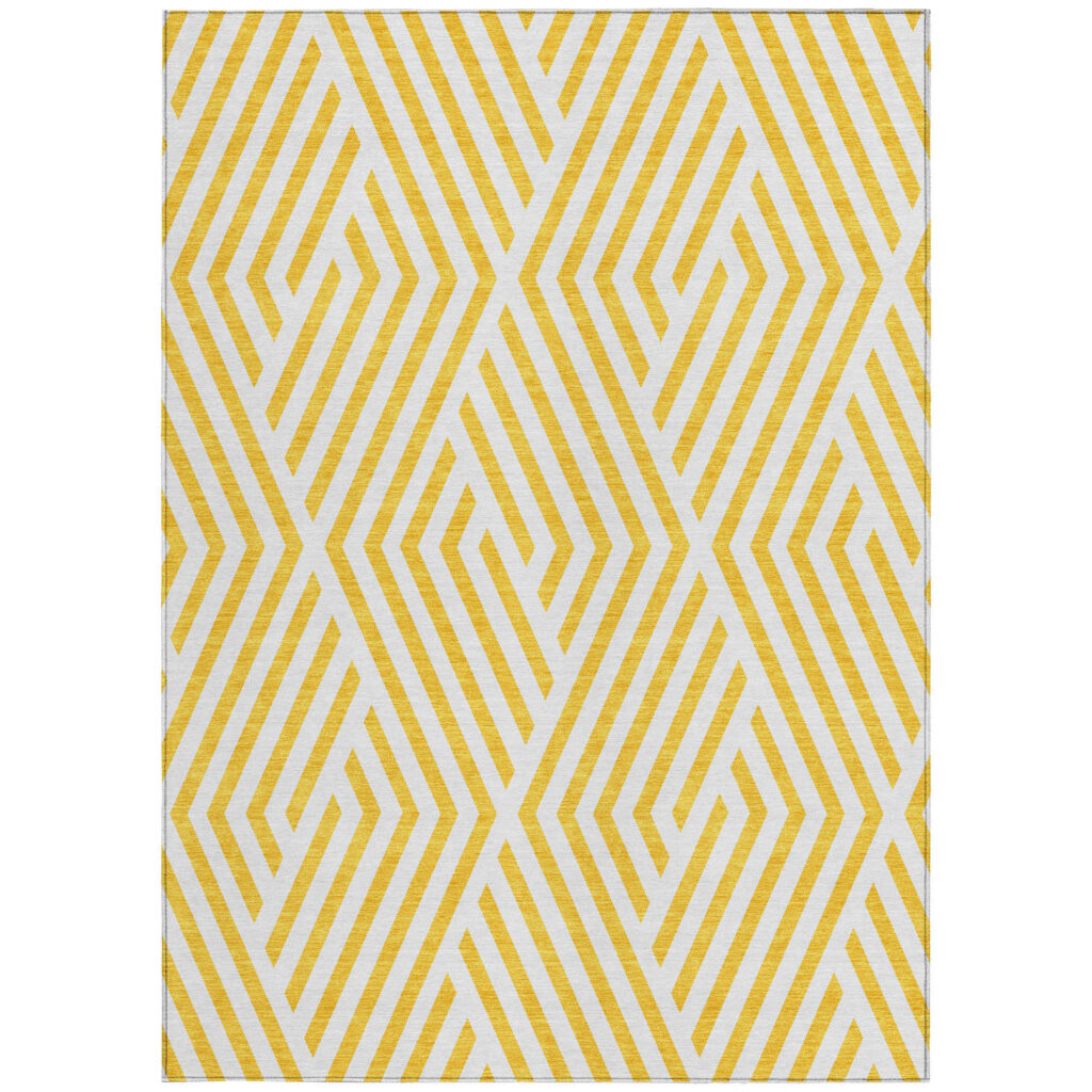 10' X 14' Gold and White Geometric Washable Non Skid Indoor Outdoor Area Rug