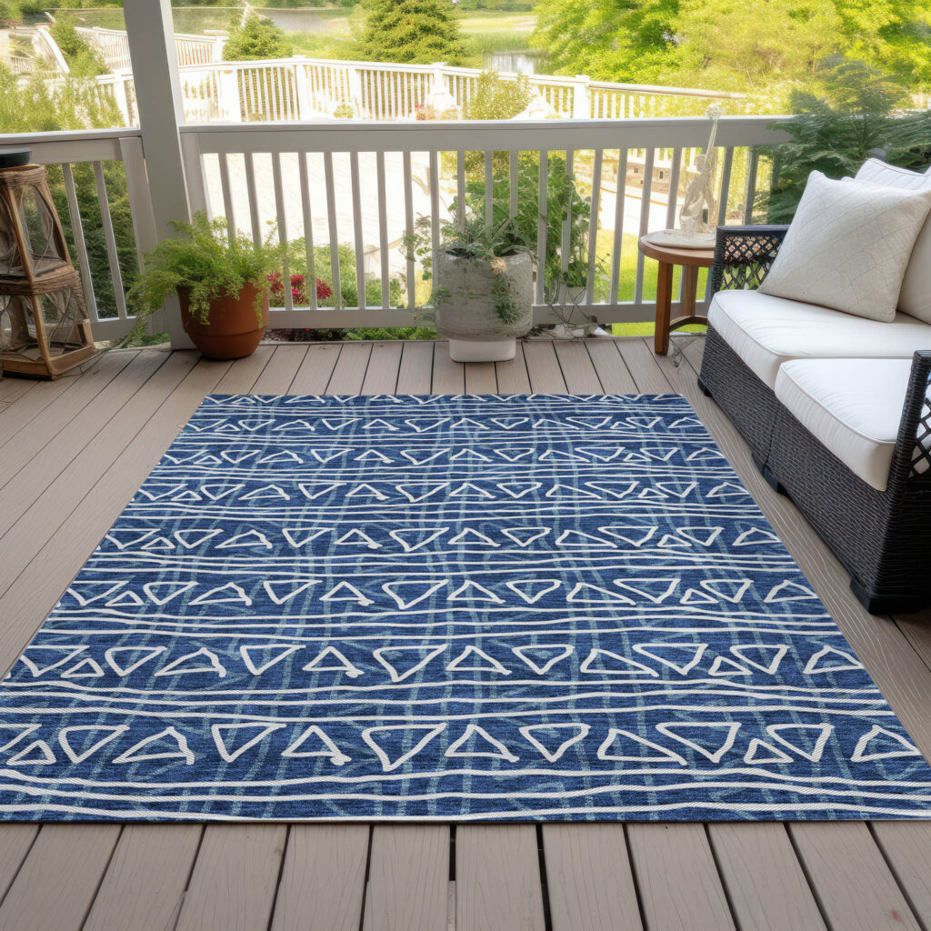 3' X 5' Navy Blue And Ivory Geometric Washable Indoor Outdoor Area Rug