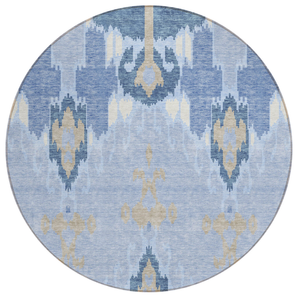 8' Sky Blue Denim Blue And Ivory Round Ikat Washable Indoor Outdoor Area Rug