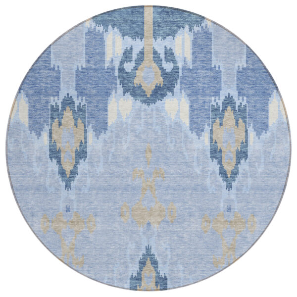 8' Sky Blue Denim Blue And Ivory Round Ikat Washable Indoor Outdoor Area Rug