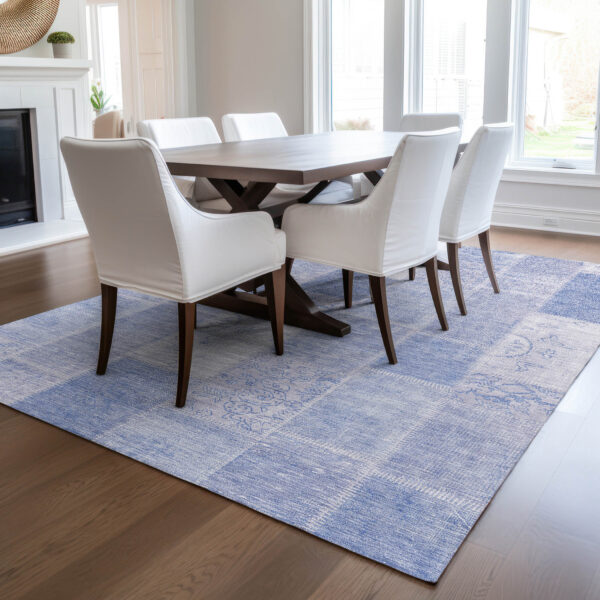 8' X 10' Sky Blue And Denim Blue Patchwork Washable Indoor Outdoor Area Rug