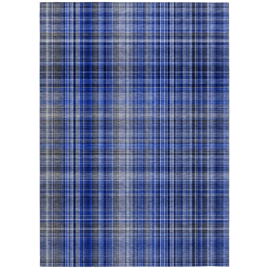 9' X 12' Navy Blue Plaid Washable Non Skid Indoor Outdoor Area Rug