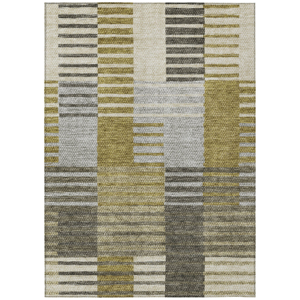 9' X 12' Brown Gold And Taupe Striped Washable Indoor Outdoor Area Rug