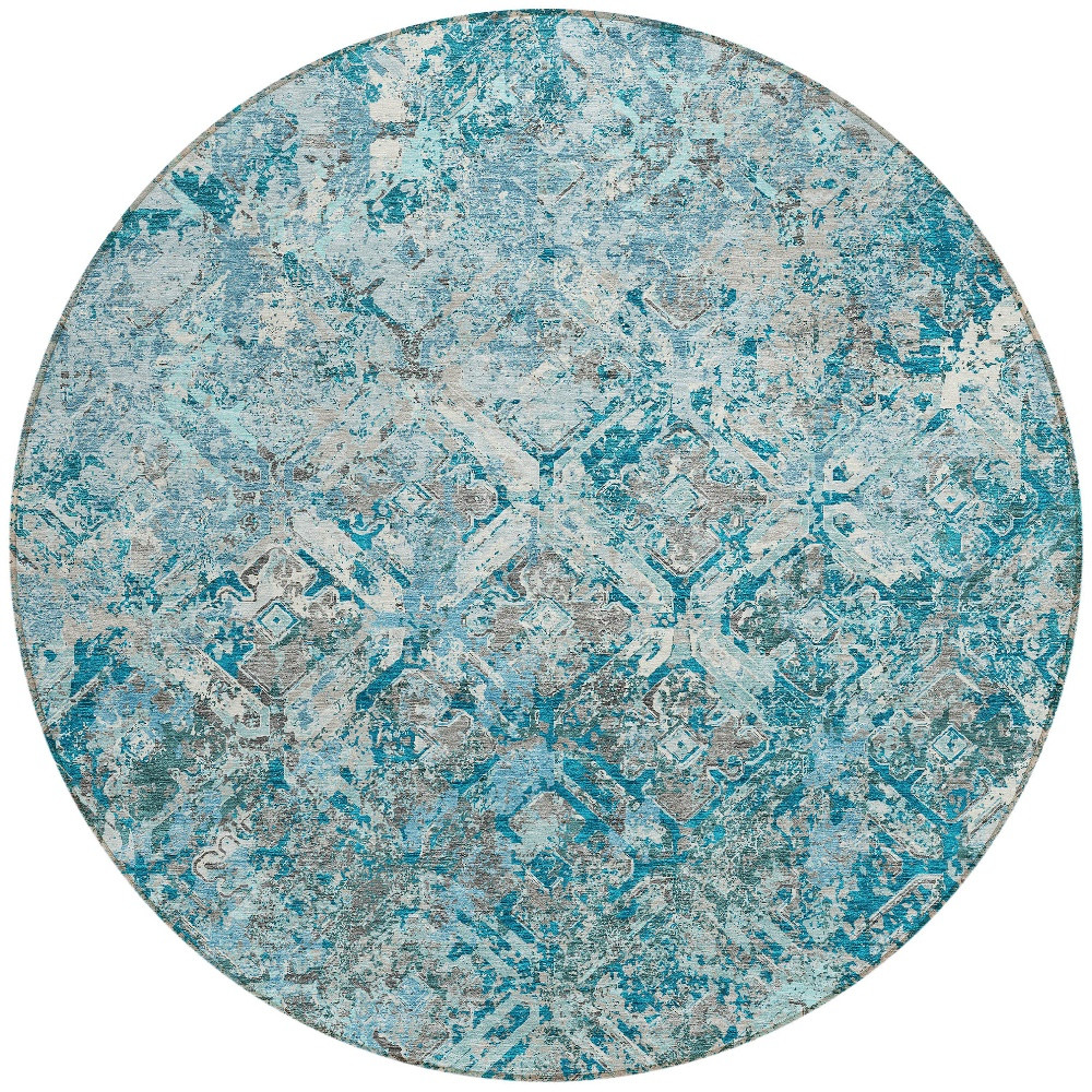 8' Teal Blue Gray And Charcoal Round Geometric Washable Indoor Outdoor Area Rug