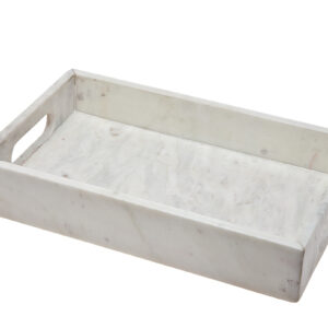 16" White Rectangular Marble Serving Tray With Handles