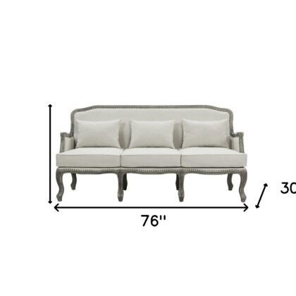 76" Cream Linen And Brown Sofa