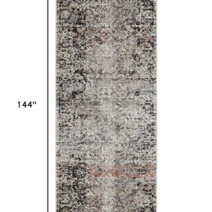 12' Gray Black and Red Oriental Power Loom Distressed Runner Rug With Fringe
