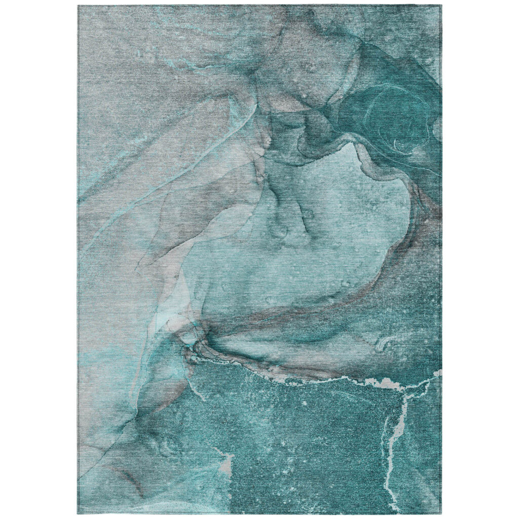 5' X 8' Teal Abstract Washable Non Skid Indoor Outdoor Area Rug