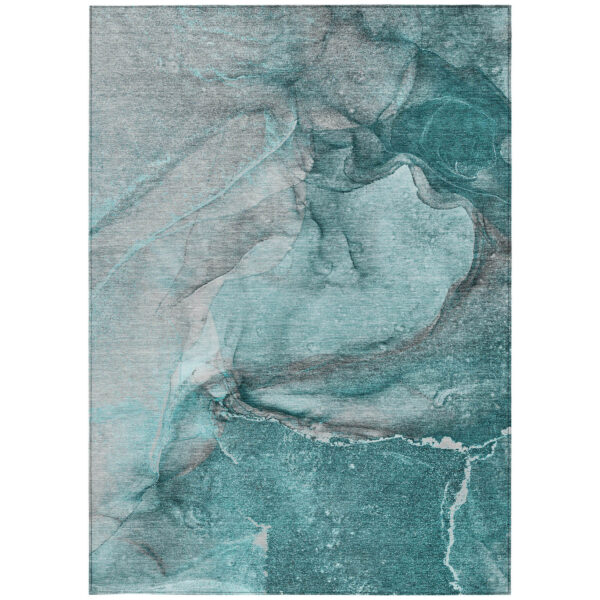 5' X 8' Teal Abstract Washable Non Skid Indoor Outdoor Area Rug