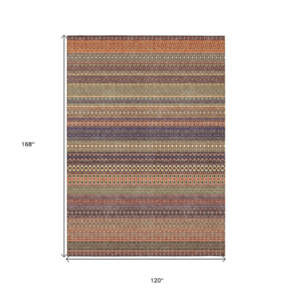10' X 14' Orange Striped Washable Non Skid Indoor Outdoor Area Rug