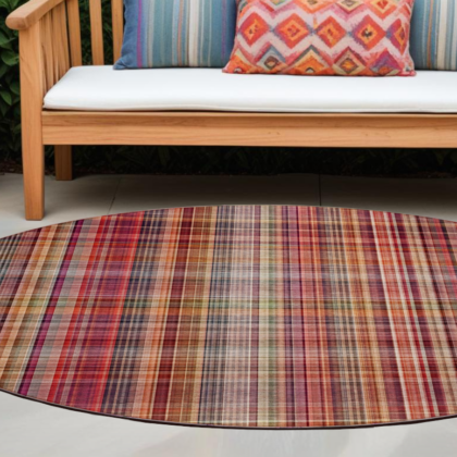 8' Round Red Round Plaid Washable Non Skid Indoor Outdoor Area Rug