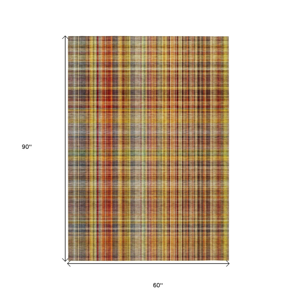 5' X 8' Orange Plaid Washable Non Skid Indoor Outdoor Area Rug