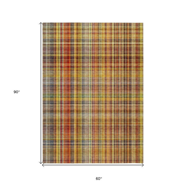 5' X 8' Orange Plaid Washable Non Skid Indoor Outdoor Area Rug